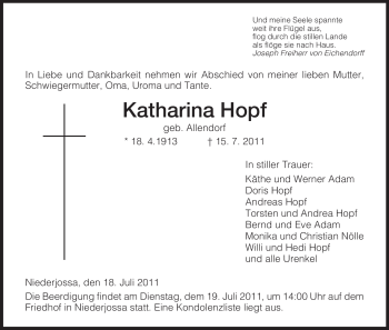 Traueranzeige von Katharina Hopf von HERSFELDER ZEITUNG