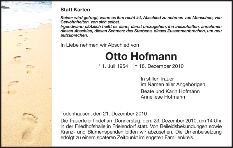  Traueranzeige für Otto Hofmann vom 21.12.2010 aus HERSFELDER ZEITUNG