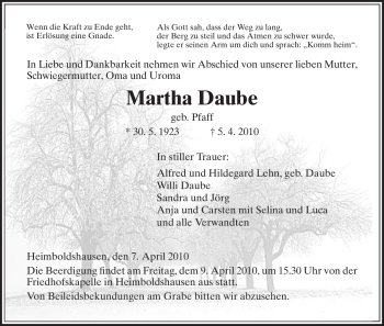 Traueranzeige von Martha Daube von HERSFELDER ZEITUNG