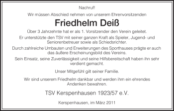 Traueranzeige von Friedhelm Deiß von HERSFELDER ZEITUNG