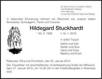 Traueranzeige von Hildegard Stuckhardt von HERSFELDER ZEITUNG