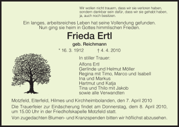 Traueranzeige von Frieda Ertl von HERSFELDER ZEITUNG