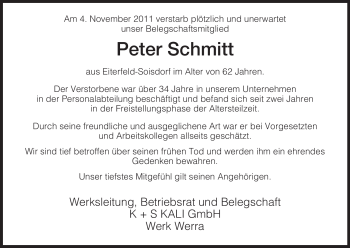 Traueranzeige von Peter Schmitt von HERSFELDER ZEITUNG