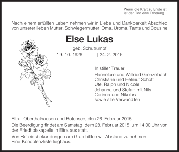 Traueranzeige von Else Lukas von Hersfeld