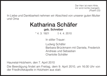 Traueranzeige von Katharina Schäfer von HERSFELDER ZEITUNG