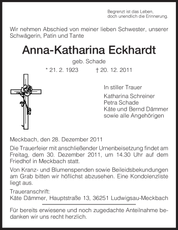 Traueranzeige von Anna-Katharina Eckhardt von HERSFELDER ZEITUNG