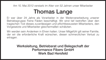Traueranzeige von Thomas Lange von HERSFELDER ZEITUNG