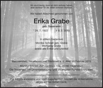 Traueranzeige von Erika Grabe von Hersfeld