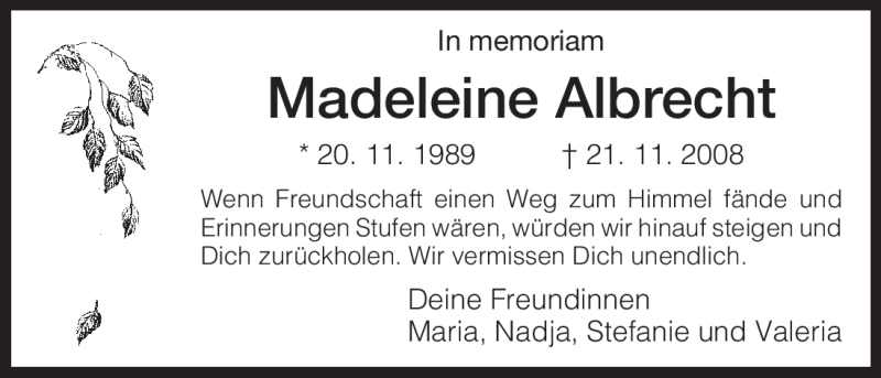  Traueranzeige für Madeleine Albrecht vom 21.11.2009 aus HERSFELDER ZEITUNG