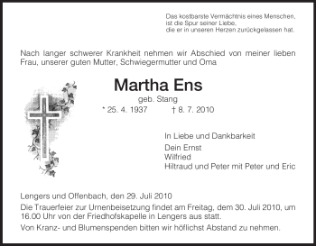 Traueranzeige von Martha Ens von HERSFELDER ZEITUNG