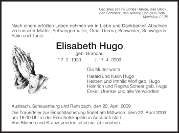 Traueranzeige von Elisabeth Hugo von HERSFELDER ZEITUNG