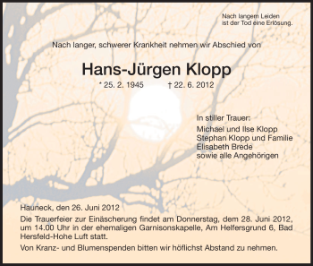 Traueranzeige von Hans-Jürgen Klopp von HERSFELDER ZEITUNG