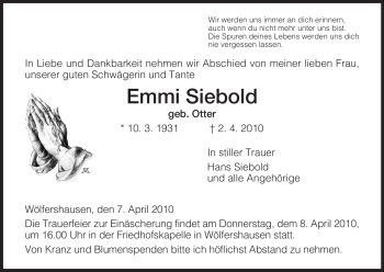 Traueranzeige von Emmi Siebold von HERSFELDER ZEITUNG