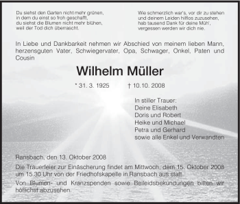 Traueranzeige von Wilhelm Müller von HERSFELDER ZEITUNG