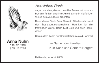 Traueranzeige von Anna Nuhn von HERSFELDER ZEITUNG