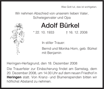Traueranzeige von Adolf Bürkel von HERSFELDER ZEITUNG