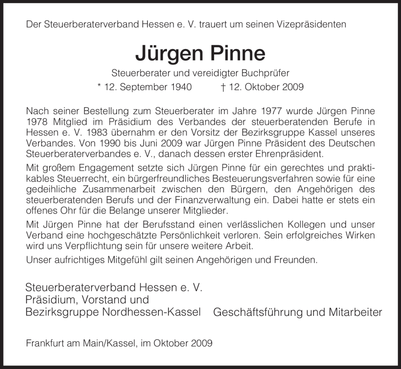  Traueranzeige für Jürgen Pinne vom 15.10.2009 aus HERSFELDER ZEITUNG