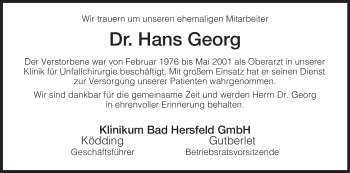 Traueranzeige von Hans Georg von HERSFELDER ZEITUNG