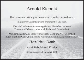 Traueranzeige von Arnold Riebold von HERSFELDER ZEITUNG