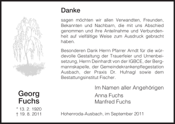 Traueranzeige von Georg Fuchs von HERSFELDER ZEITUNG