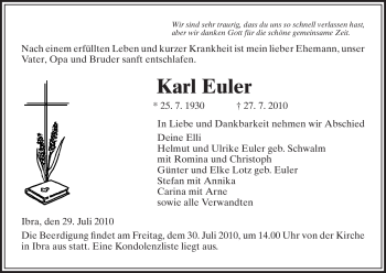 Traueranzeige von Karl Euler von HERSFELDER ZEITUNG