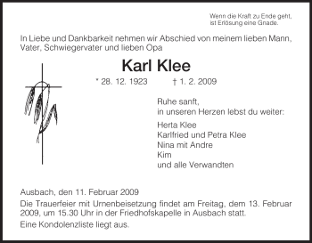 Traueranzeige von Karl Klee von HERSFELDER ZEITUNG