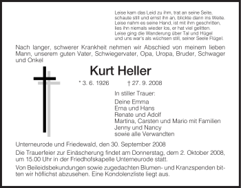 Traueranzeige von Kurt Heller von HERSFELDER ZEITUNG