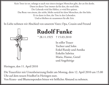 Traueranzeige von Rudolf Funke von HERSFELDER ZEITUNG