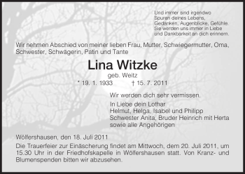 Traueranzeige von Lina Witzke von HERSFELDER ZEITUNG