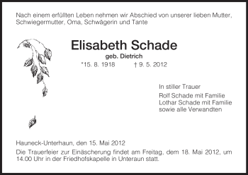 Traueranzeige von Elisabeth Schade von HERSFELDER ZEITUNG