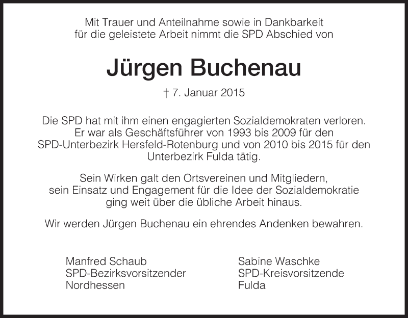  Traueranzeige für Jürgen  Buchenau vom 07.02.2015 aus Hersfeld