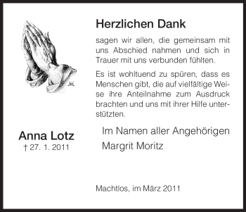 Traueranzeige von Anna Lotz von HERSFELDER ZEITUNG