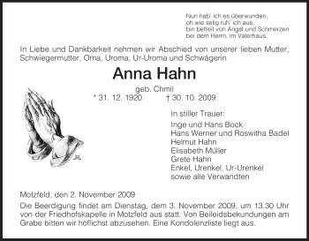 Traueranzeige von Anna Hahn von HERSFELDER ZEITUNG