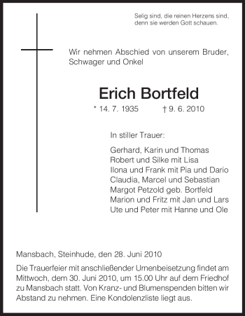 Traueranzeige von Erich Bortfeld von HERSFELDER ZEITUNG