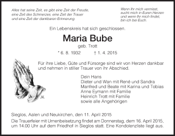 Traueranzeige von Maria Bube von Hersfeld