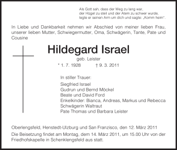 Traueranzeige von Hildegard Israel von HERSFELDER ZEITUNG