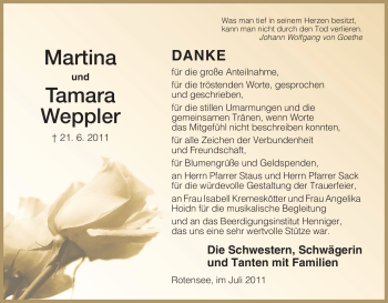 Traueranzeige von Tamara Weppler von HERSFELDER ZEITUNG