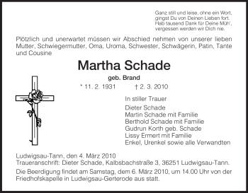 Traueranzeige von Martha Schade von HERSFELDER ZEITUNG