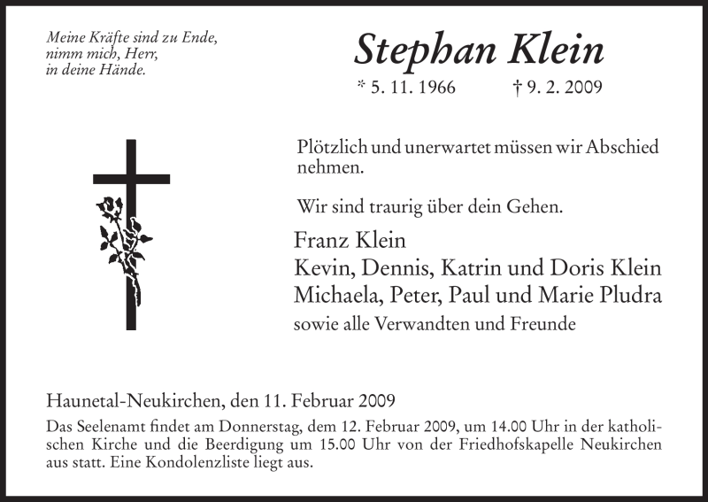  Traueranzeige für Stephan Klein vom 11.02.2009 aus HERSFELDER ZEITUNG