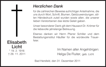 Traueranzeige von Elisabeth Licht von HERSFELDER ZEITUNG
