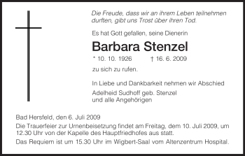 Traueranzeige von Barbara Stenzel von HERSFELDER ZEITUNG