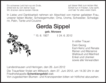 Traueranzeige von Gerda Sippel von HERSFELDER ZEITUNG