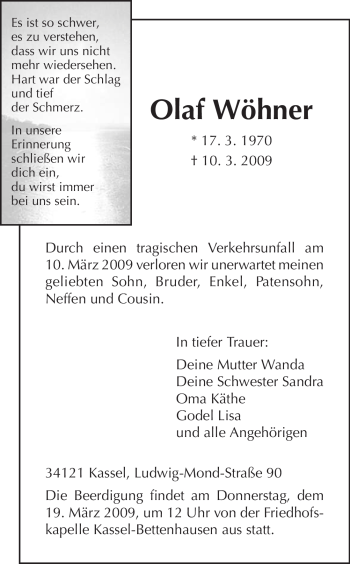 Traueranzeige von Olaf Wöhner von HERSFELDER ZEITUNG