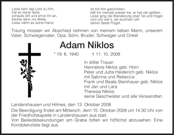 Traueranzeige von Adam Niklos von HERSFELDER ZEITUNG