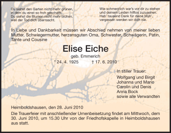 Traueranzeige von Elise Eiche von HERSFELDER ZEITUNG