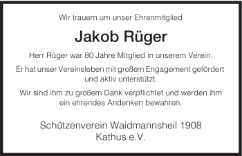 Traueranzeige von Jakob Rüger von HERSFELDER ZEITUNG