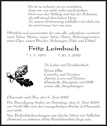 Traueranzeige von Fritz Leimbach von HERSFELDER ZEITUNG