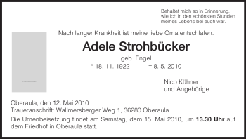 Traueranzeige von Adele Strohbücker von HERSFELDER ZEITUNG