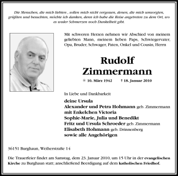 Traueranzeige von Rudolf Zimmermann von HERSFELDER ZEITUNG