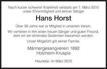 Traueranzeige von Hans Horst von HERSFELDER ZEITUNG